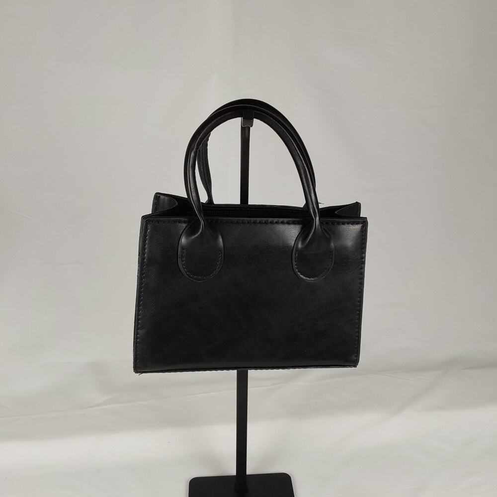 Black Structured Mini Tote Handbag Faux Leather Top Handle Satchel Purse Wallet